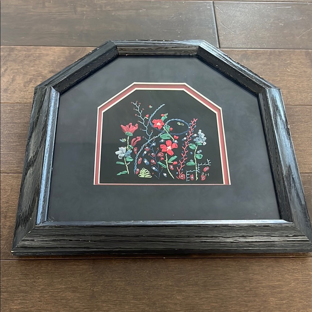 Floral Embroidered Wall Art in Wooden Frame